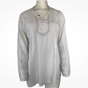 Tasha Polizzi Sz L Embroidered Tunic Top White 100% Cotton Long Sleeve Lace
